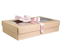 Emartbuy Pack of 12 Rectangle Shaped Presentation Gift Box, 25 cm x 15 cm x 5 cm, Brown Kraft Box with Clear Lid and Baby Pink Satin Ribbon