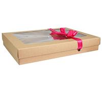 Emartbuy Pack of 12 Rectangle Shaped Presentation Gift Box, 29.5 cm x 22 cm x 4.5 cm, Brown Kraft Box with Clear Lid and Hot Pink Satin Ribbon