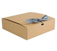 Emartbuy Pack of 12 Square Shaped Presentation Gift Box, 16.5 cm x 16.5 cm x 5 cm, Easy Assembly, Brown Kraft Box with Grey Bow Ribbon