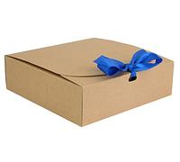 Emartbuy Pack of 12 Square Shaped Presentation Gift Box, 24 cm x 24 cm x 5 cm, Easy Assembly, Brown Kraft Box with Dark Blue Bow Ribbon