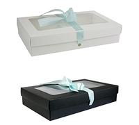 Emartbuy Pack of 12 White and Black Gift Boxes with Clear Window Lid & Light Blue Satin Ribbon - Medium-Large 27 x 16 x 6 cm - Recyclable Kraft Presentation Box for Hampers, Weddings & Favours