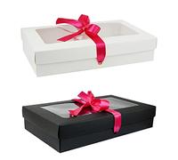 Emartbuy Pack of 12 White & Black Gift Boxes Clear Window 21.5x13.5x4.5 cm | Small With Hot Pink Satin Ribbon Recyclable Kraft Presentation Box for Hampers, Treats, Weddings & Favours