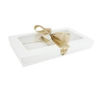 Emartbuy Pack of 36 White Gift Boxes with Clear Window Lid & Gold Satin Ribbon - Small Slim 21 x 12.5 x 2.5 cm - Recyclable Kraft Presentation Box for Hampers, Treats, Weddings & Favours