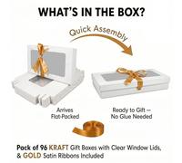 Emartbuy Pack of 96 White Gift Boxes with Clear Window Lid & Gold Satin Ribbon - Small Slim 21 x 12.5 x 2.5 cm - Recyclable Kraft Presentation Box for Hampers, Treats, Weddings & Favours