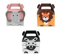 Emartbuy Printed Animal Themed Favour Boxes - Elephant, Lion & Zebra Design | Cute Safari Party Boxes for Kids | Foldable Paper Treat Box with Handle | Size 11.5 x 8.5 x 15.5 cm - Pack of 12
