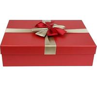 Emartbuy Red/Gold Rigid Gift Box with Ribbon - 33.5 × 25 × 10 cm - Luxury Cardboard Presentation Box|Premium Packaging for Hampers, Birthdays, Weddings, Corporate Gifting