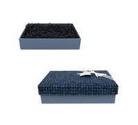 Emartbuy Rigid Gift Box, 24.5 x 17 x 6.5 cm, Blue Box with Textured Fabric Blue Lid, Suede Decorative Ribbon and 50g Shredded Paper in Black
