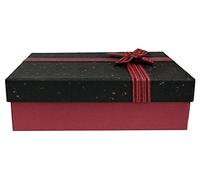 Emartbuy Rigid Gift Box, 24.5 x 17 x 6.5 cm, Textured Burgundy Box with Black Lid, Striped Decorative Ribbon and 50g Shredded Paper in Black