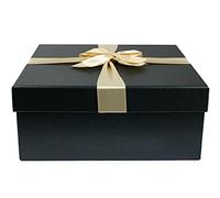 Emartbuy Rigid Gift Box, 26.5 x 26.5 x 11 cm, Black Box with Black Lid, Gold Satin Decorative Ribbon and 100g Shredded Paper