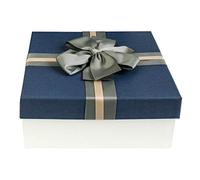 Emartbuy Rigid Gift Box, 26.5 x 26.5 x 11 cm, Cream Box with Blue Lid, Two Tone Grey Brown Decorative Ribbon and 100g Shredded Paper in Cream