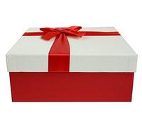 Emartbuy Rigid Gift Box, 26.5 x 26.5 x 11 cm, Textured Red Box with White Lid, Red Satin Decorative Ribbon and 100g Shredded Paper in Cream