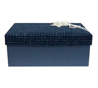 Emartbuy Rigid Gift Box, 28 x 18 x 13 cm, Blue Box with Textured Fabric Blue Lid, Suede Decorative Ribbon and 100g Shredded Paper in Black