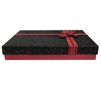 Emartbuy Rigid Gift Box, 30.5 x 23 x 5 cm, Textured Burgundy Box with Black Lid, Brown Interior, Striped Decorative Ribbon and 50g Shredded Paper in Black