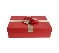 emartbuy Rigid Gift Box, 31.5 x 23 x 8.5 cm, Red Box with Lid, Brown Interior and Gold Red Decorative Ribbon and 50g Shredded Paper in Red, Rectangle Single Box - Red / Gold + Red Paper