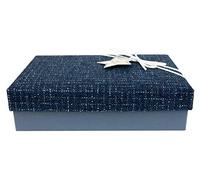 Emartbuy Rigid Gift Box, 33.5 x 25 x 11.5 cm, Blue Box with Textured Fabric Blue Lid, Suede Decorative Ribbon and 100g Shredded Paper in Black