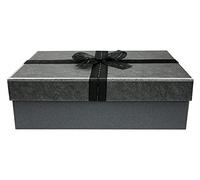 Emartbuy Rigid Gift Box, 33.5 x 25 x 11.5 cm, Dark Grey Box with Dark Grey Lid, Black Fabric Decorative Ribbon and 100g Shredded Paper in Black