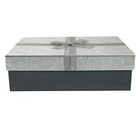Emartbuy Rigid Gift Box, 33.5 x 25 x 11.5 cm, Dark Grey Box with Silver Lid, Grey Fabric Decorative Ribbon and 100g Shredded Paper in Black