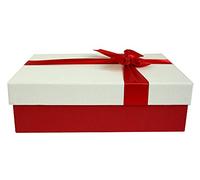Emartbuy Rigid Gift Box, 34 cm x 23 cm x 8 cm, Textured Red Box with White Lid, Red Satin Decorative Ribbon and 50g Shredded Paper in Black