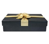 Emartbuy Rigid Gift Box, 38 cm x 27 cm x 10 cm, Black Box with Lid and Gold Satin Ribbon and 100g Shredded Paper in Cream
