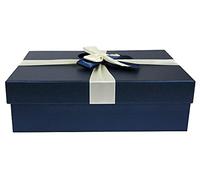 Emartbuy Rigid Gift Box, 38 cm x 27 cm x 10 cm, Blue Box with Lid, Satin Ribbon and 100g Shredded Paper in Cream