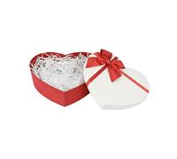 Emartbuy Rigid Heart Shaped Gift Box with Lid Size 2 (19 × 17 × 7.5 cm) with 50g White Shredded Paper - Red & White Textured Paper, Satin Ribbon Bow for Birthday, Anniversary & Jewellery Gifts