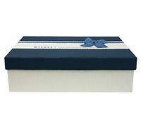 Emartbuy Rigid Luxury Rectangle Presentation Gift Box, 23 cm x 17 cm x 6.5 cm, Cream Box with Blue Lid, Chocolate Brown Interior and Decorative Ribbon