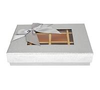Emartbuy Rigid Luxury Rectangle Shaped Presentation 12 Compartments Truffle Chocolate Gift Box, Silver Metallic, Window Lid, Removable Inner Partition and Silver Satin Bow