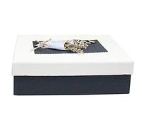 Emartbuy Rigid Luxury Rectangle Shaped Presentation Gift Box, 26 cm x 19 cm x 8 cm, Black Box with White Lid, Chocolate Brown Interior and Dried Flower Decoration