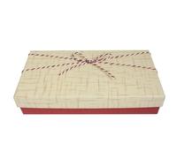 Emartbuy Rigid Luxury Rectangle Shaped Slim Presentation Gift Box, 23.2 x 11.5 x 4.5 cm, Red Textured Box with Cream Lid, Chequered Interior and Striped Decorative Ribbon