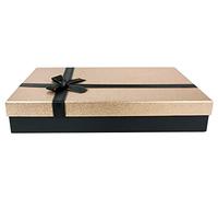 Emartbuy Rigid Single Gift Box, 42 x 30 x 8.5 cm, Black Box with Gold Glitter Lid, Brown Interior and Black Decorative Ribbon