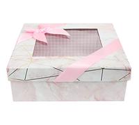 Emartbuy Rigid Square Luxury Presentation Gift Box, 17.5 cm x 17.5 cm x 6.5 cm, Pink Marble Effect with Gold Origami Lines, Pink Chequered Interior, Clear Top and Satin Bow Ribbon