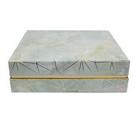 Emartbuy Rigid Square Luxury Presentation Gift Box, 17 cm x 17 cm x 5 cm, Sea Green Marble Effect with Gold Origami Lines and Pink Chequered Interior