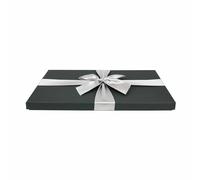 Emartbuy Set of 10 Rigid Rectangle Gift Box, 28 cm x 18 cm x 2.2 cm, Black Box with Black Lid, Chocolate Brown Interior with Silver Satin Ribbon