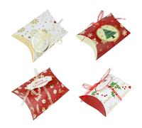 Emartbuy Set of 12 Christmas Pillow Boxes With Tags and Ribbon, 4 Designs - 3 pcs per design Candy Boxes, Treat Box Gift Box Pouch Size - 7.5 cm x 7.4 cm x 2.8 cm