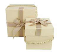 Emartbuy Set of 2 Beige Square Gift Boxes with Satin Ribbon & Gold Rope Handle - Luxury Rigid Cardboard Boxes for Hampers, Wedding & Party Gifting | 8 x 8 x 8 cm & 10 x10 x 10 cm