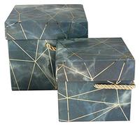 Emartbuy Set of 2 Blue/Grey Marble Rigid Gift Boxes with Gold Geometric Lines & Rope Handle | Stylish Cardboard Boxes for Birthdays, Weddings & Hampers | 12 x 12 x 11 cm & 9.5 x 9.5 x 8.5 cm