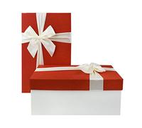 Emartbuy Set of 2 Cream Gift Box with Red Lid & Satin Ribbon - Pre-Assembled Luxury Rigid Hamper Box | 1200 GSM Hard Cardboard, Recyclable - 28 × 18 × 13 cm Ideal for Festive Gifts, Luxury Gifting