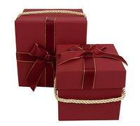 Emartbuy Set of 2 Red Square Gift Boxes with Gold Rope Handle & Satin Ribbon - Luxury Rigid Cardboard Boxes for Festive, Wedding & Corporate Gifting | 8 x 8 x 8 cm & 10 x10 x 10 cm