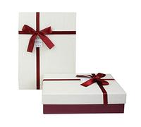 Emartbuy Set of 2 Rigid Luxury Rectangle Shaped Presentation Gift Box, 24.5 cm * 17 cm * 6.5 cm, Textured Burgundy Box with Cream Lid, Chocolate Brown Interior and Satin Decorative Ribbon