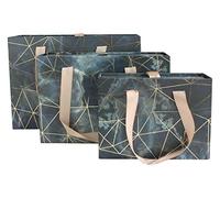 Emartbuy Set of 3 Gift Box, Blue Grey Marble Print with Golden Origami Lines and Beige Carry Handle