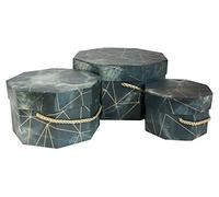 Emartbuy Set of 3 Rigid Gift Box, Blue/Grey Marble Print with Golden Origami Lines and Gold Handle