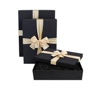 Emartbuy Set of 3 Rigid Gift Boxes, Black Box with Lid, Cream Satin Decorative Ribbon and 200g Shredded Paper in Black