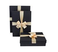 Emartbuy Set of 3 Rigid Gift Boxes, Black Box with Lid, Cream Satin Decorative Ribbon and 200g Shredded Paper in Black