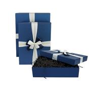 Emartbuy Set of 3 Rigid Gift Boxes, Blue Box with Lid, Cream Blue Satin Decorative Ribbon and 200g Shredded Paper in Black