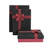 Emartbuy Set of 3 Rigid Gift Boxes, Textured Burgundy Box with Black Lid, Striped Decorative Ribbon and 200g Shredded Paper in Black