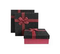 Emartbuy Set of 3 Rigid Gift Boxes, Textured Burgundy Box with Black Lid, Striped Decorative Ribbon and 200g Shredded Paper in Black
