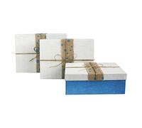 Emartbuy Set of 3 Rigid Luxury Rectangle Presentation Gift Box, Blue Box with White Lid, Chocolate Brown Interior And Dotted Jute Decorative Ribbon