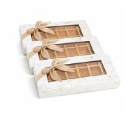 Emartbuy Set of 3 Rigid Luxury Rectangle Shaped Presentation 18 Compartments Truffle Chocolate Gift Box, White Marble Print, Window Lid, Removable Inner Partition and Beige Satin Bow