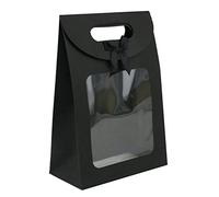 Emartbuy Strong Paper Stand Up Gift Bag, 20 cm x 14 cm x 7 cm, Black Kraft Bag with Clear Window and Bow - Pack of 96