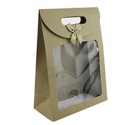 Emartbuy Strong Paper Stand Up Gift Bag, 26 cm x 19 cm x 9 cm, Brown Kraft Bag with Clear Window and Bow - Pack of 24